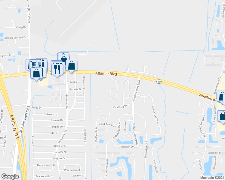 map of restaurants, bars, coffee shops, grocery stores, and more near 11110-2 Atlantic Ap in Jacksonville