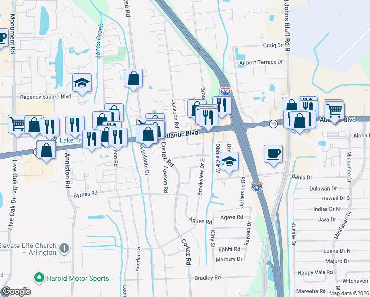 map of restaurants, bars, coffee shops, grocery stores, and more near 10342 Atlantic Circle in Jacksonville