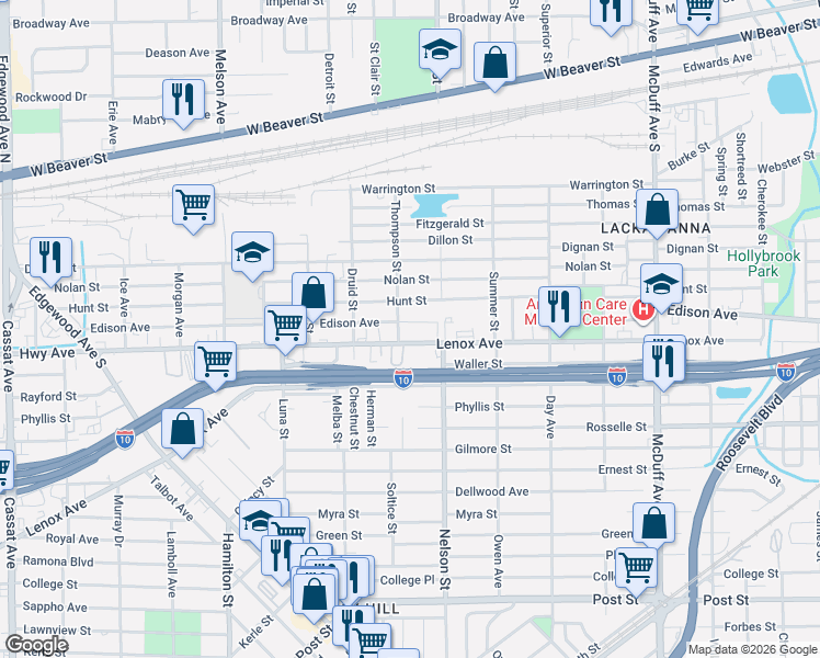 map of restaurants, bars, coffee shops, grocery stores, and more near 447 Thompson Street in Jacksonville