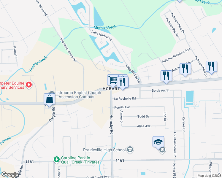 map of restaurants, bars, coffee shops, grocery stores, and more near 42022 Louisiana 42 in Prairieville