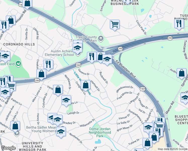 map of restaurants, bars, coffee shops, grocery stores, and more near Geneva Drive & Charlton Drive in Austin