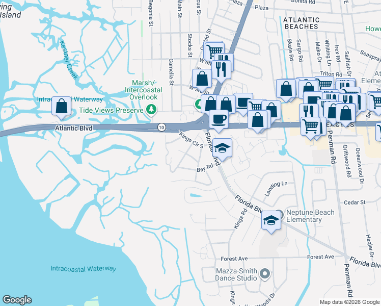 map of restaurants, bars, coffee shops, grocery stores, and more near 2156 Oleander Place in Neptune Beach