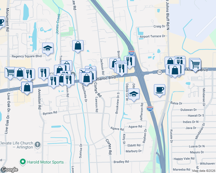 map of restaurants, bars, coffee shops, grocery stores, and more near 10342 Atlantic Circle in Jacksonville