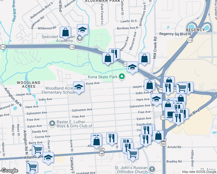 map of restaurants, bars, coffee shops, grocery stores, and more near 8597 Jasper Avenue in Jacksonville