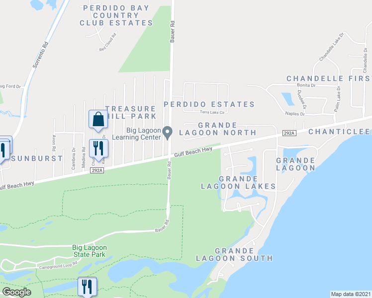map of restaurants, bars, coffee shops, grocery stores, and more near 12218 Gulf Beach Highway in Pensacola