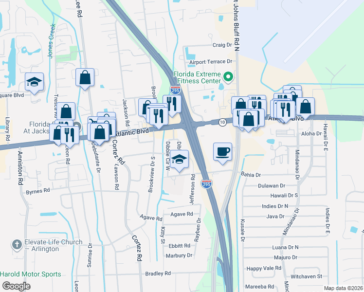 map of restaurants, bars, coffee shops, grocery stores, and more near 1703 Dibble Circle West in Jacksonville