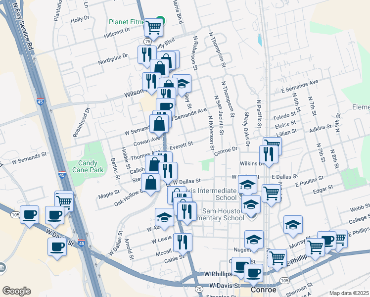 map of restaurants, bars, coffee shops, grocery stores, and more near 1308 Houston Street in Conroe