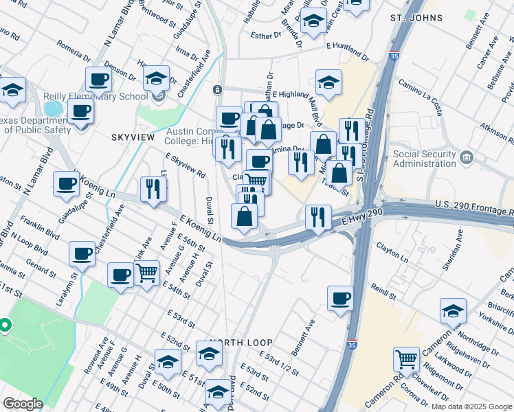 map of restaurants, bars, coffee shops, grocery stores, and more near 5775 Airport Boulevard in Austin