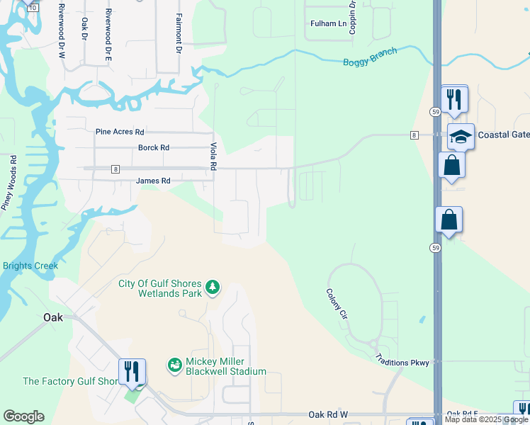 map of restaurants, bars, coffee shops, grocery stores, and more near 6724 Mighty Oaks Drive in Gulf Shores