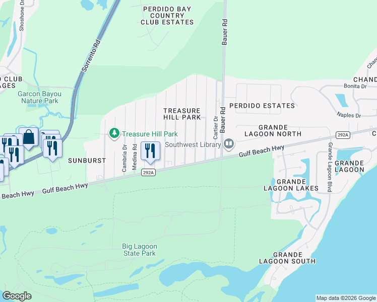 map of restaurants, bars, coffee shops, grocery stores, and more near 5420 Arrowhead Road in Pensacola