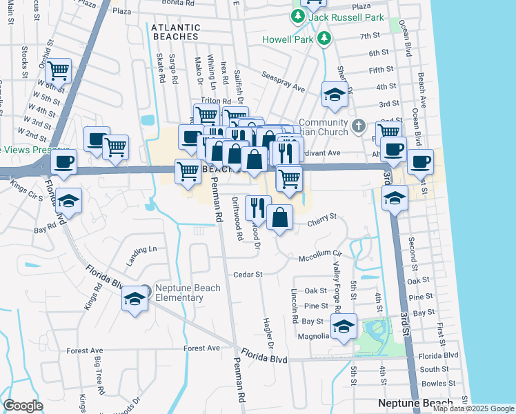 map of restaurants, bars, coffee shops, grocery stores, and more near 301 Oceanwood Drive in Neptune Beach