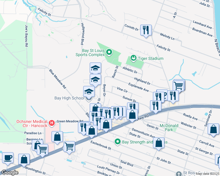map of restaurants, bars, coffee shops, grocery stores, and more near 607 Vine Circle in Bay St. Louis