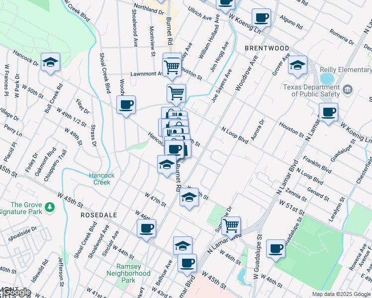 map of restaurants, bars, coffee shops, grocery stores, and more near 1416 West 51st Street in Austin