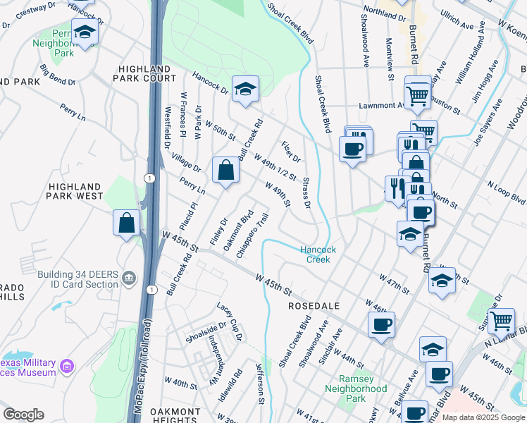 map of restaurants, bars, coffee shops, grocery stores, and more near 4706 Chiappero Trail in Austin
