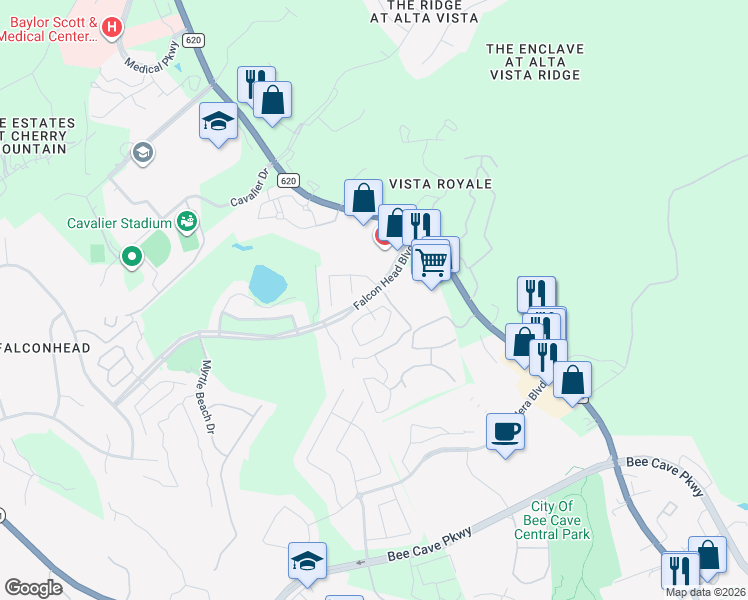 map of restaurants, bars, coffee shops, grocery stores, and more near 14501 Falcon Head Boulevard in Austin