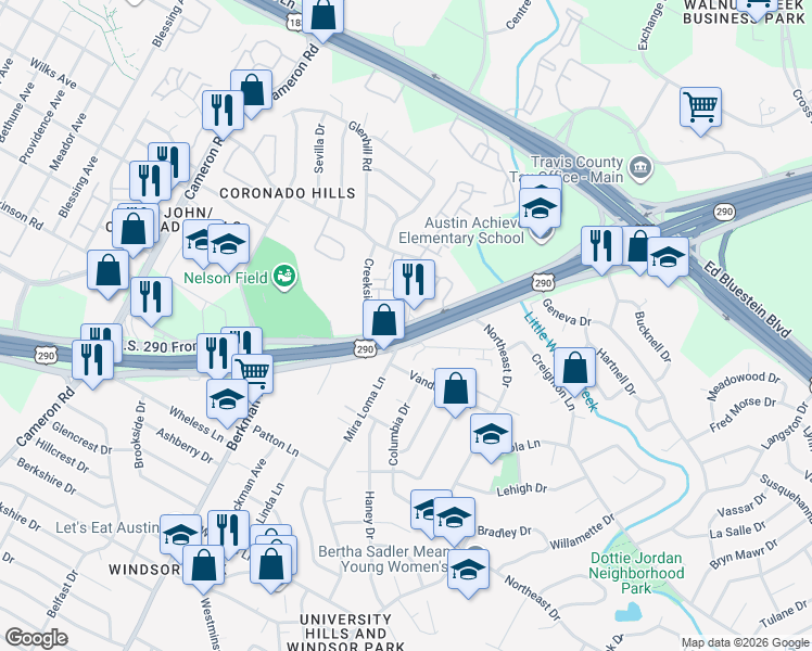 map of restaurants, bars, coffee shops, grocery stores, and more near 7100 U.S. 290 Frontage Road in Austin