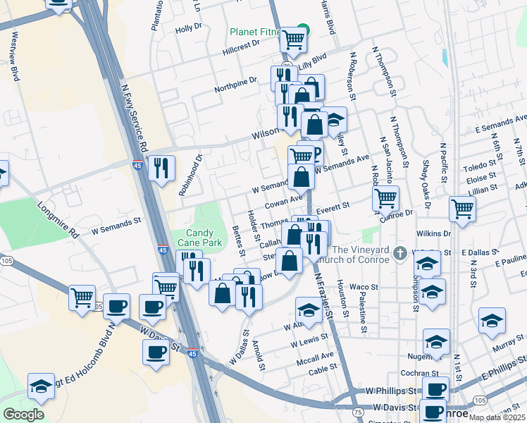 map of restaurants, bars, coffee shops, grocery stores, and more near 1003 Cowan Avenue in Conroe