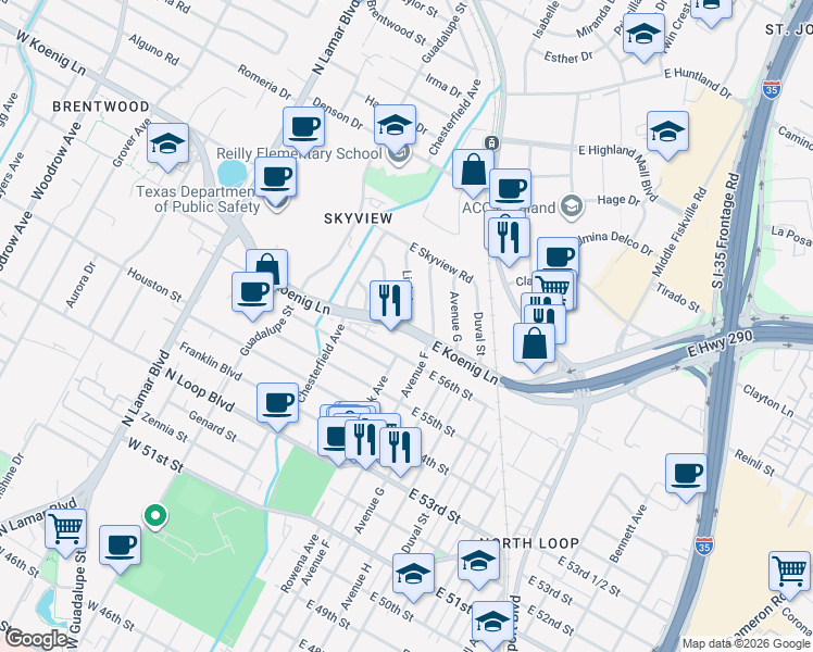 map of restaurants, bars, coffee shops, grocery stores, and more near W Koenig Ln & Link Ave in Austin