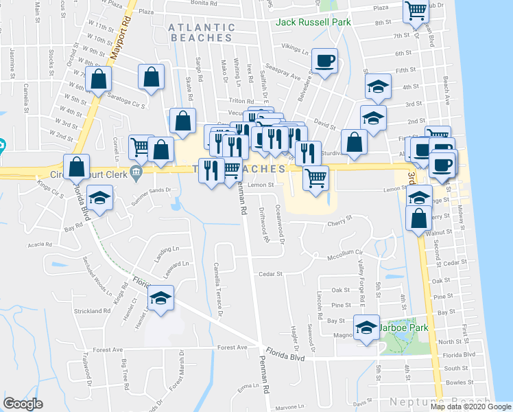 map of restaurants, bars, coffee shops, grocery stores, and more near 216 Driftwood Road in Neptune Beach