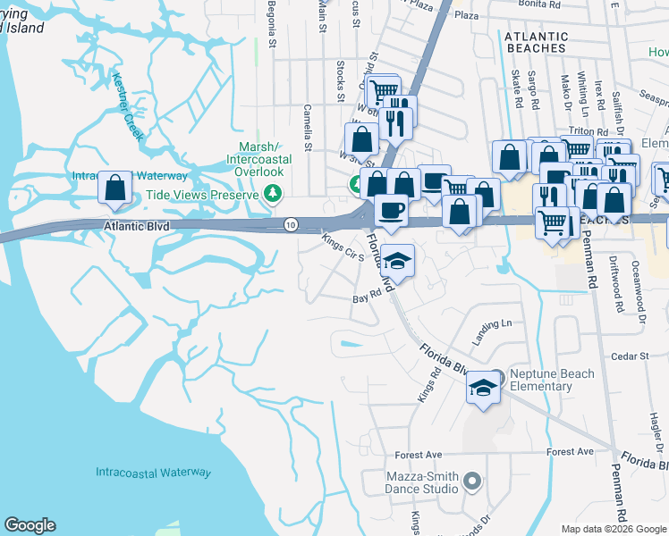 map of restaurants, bars, coffee shops, grocery stores, and more near 2202 Marsh Point Road in Neptune Beach