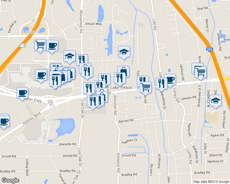 map of restaurants, bars, coffee shops, grocery stores, and more near Atlantic Blvd & Anniston Rd in Jacksonville