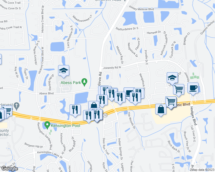 map of restaurants, bars, coffee shops, grocery stores, and more near 76 Crystal Branch Court in Jacksonville