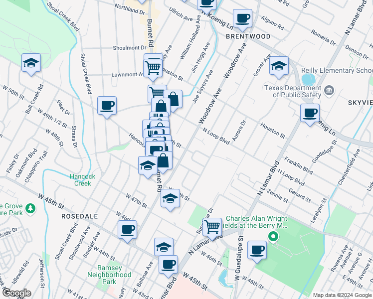 map of restaurants, bars, coffee shops, grocery stores, and more near North Street in Austin