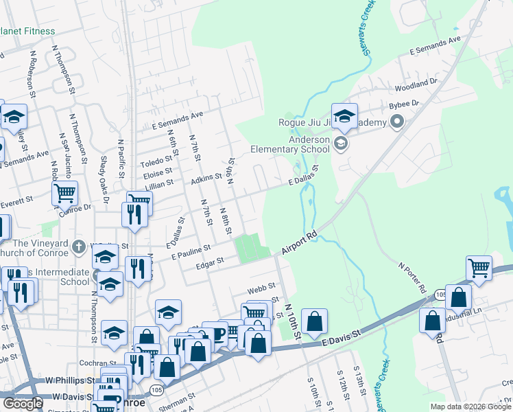 map of restaurants, bars, coffee shops, grocery stores, and more near 1108 Lori Street in Conroe