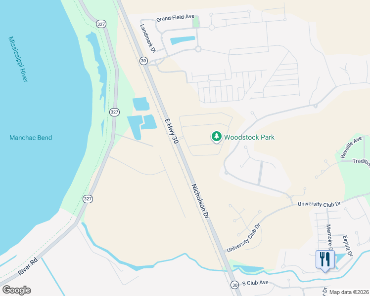 map of restaurants, bars, coffee shops, grocery stores, and more near 17171 Nicholson Drive in Baton Rouge