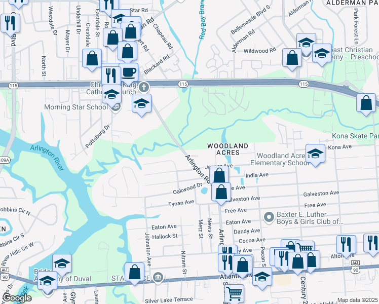 map of restaurants, bars, coffee shops, grocery stores, and more near 525 Arlington Road North in Jacksonville
