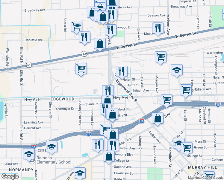 map of restaurants, bars, coffee shops, grocery stores, and more near 423 Cassat Avenue in Jacksonville