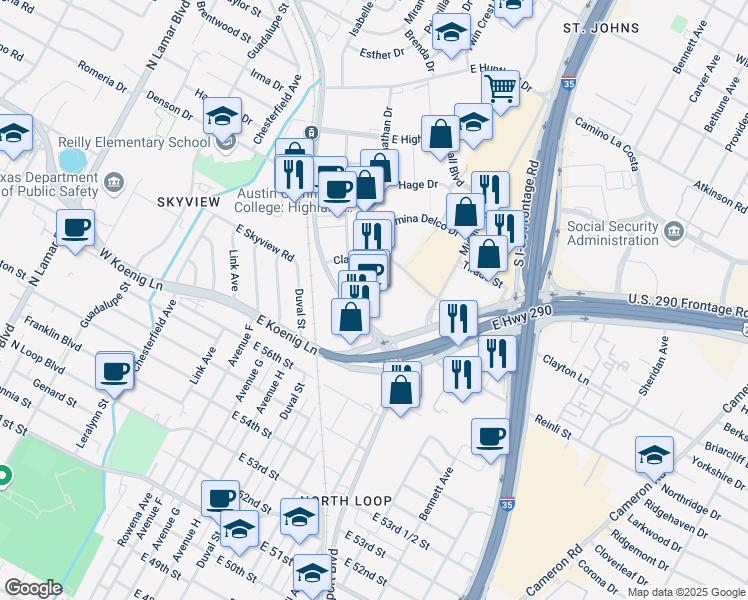 map of restaurants, bars, coffee shops, grocery stores, and more near 5775 Airport Boulevard in Austin