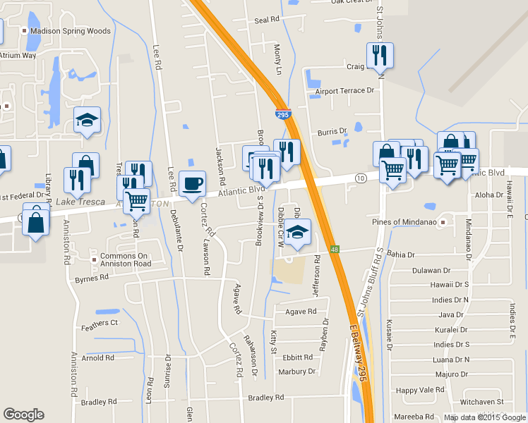 map of restaurants, bars, coffee shops, grocery stores, and more near 10376 Atlantic Circle in Jacksonville