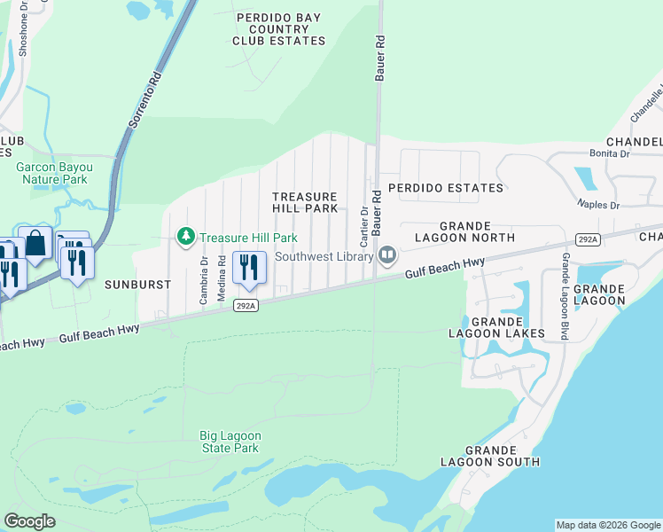 map of restaurants, bars, coffee shops, grocery stores, and more near 5420 Arrowhead Road in Pensacola