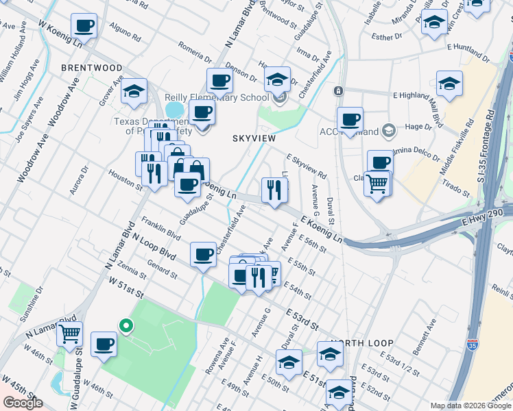 map of restaurants, bars, coffee shops, grocery stores, and more near 211 West Koenig Lane in Austin