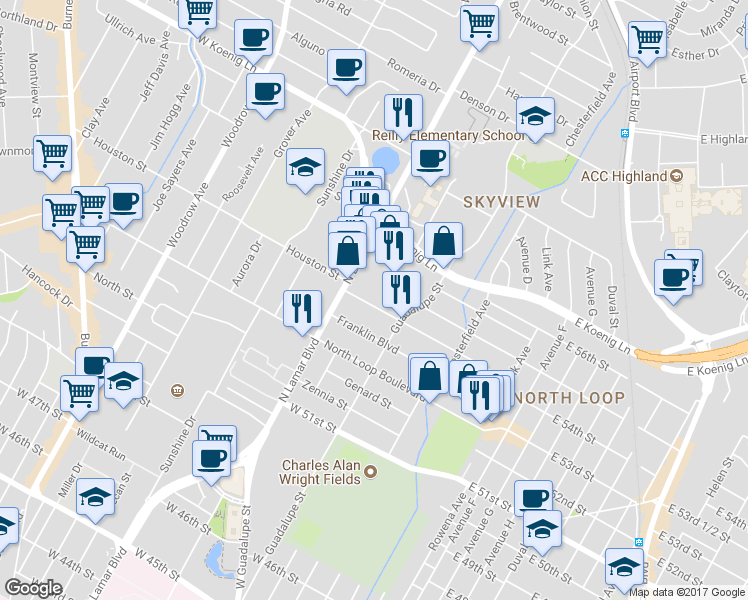 map of restaurants, bars, coffee shops, grocery stores, and more near 5555 North Lamar Boulevard in Austin