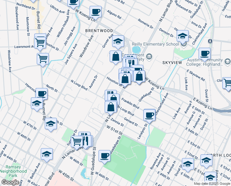 map of restaurants, bars, coffee shops, grocery stores, and more near 5400 North Lamar Boulevard in Austin