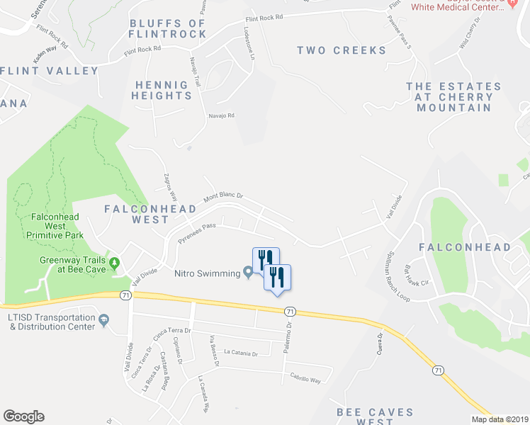 map of restaurants, bars, coffee shops, grocery stores, and more near 4537 Mont Blanc Drive in Bee Cave