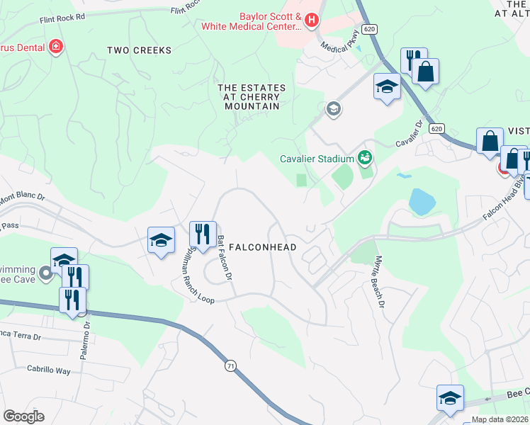 map of restaurants, bars, coffee shops, grocery stores, and more near 15908 Spillman Ranch Loop in Austin