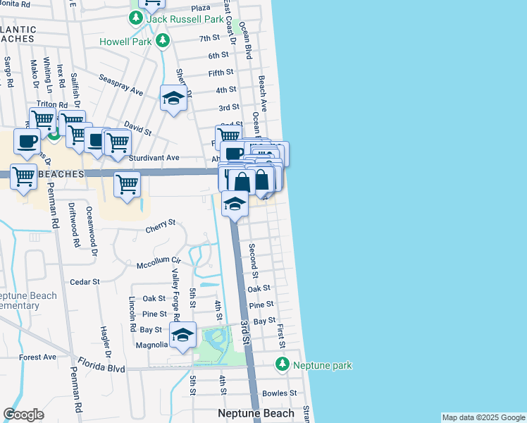 map of restaurants, bars, coffee shops, grocery stores, and more near 308 First Street in Neptune Beach