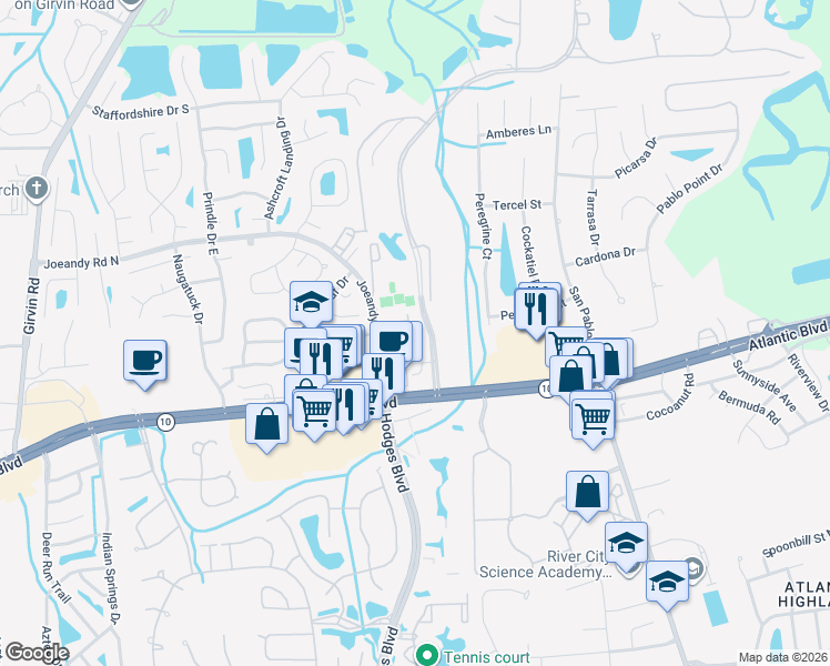 map of restaurants, bars, coffee shops, grocery stores, and more near 105 Rimini Court in Jacksonville