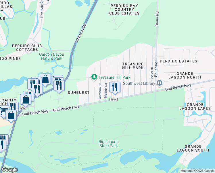 map of restaurants, bars, coffee shops, grocery stores, and more near 5487 Medina Road in Pensacola