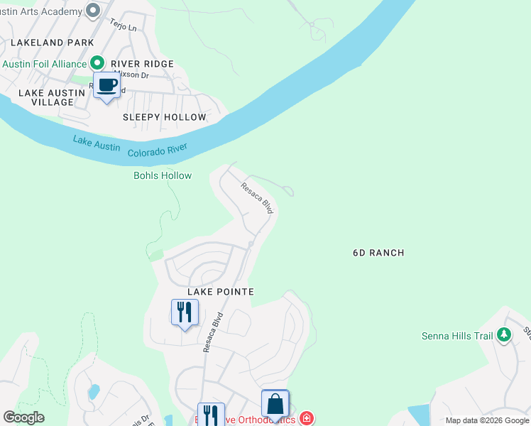 map of restaurants, bars, coffee shops, grocery stores, and more near 1632 Resaca Boulevard in Austin