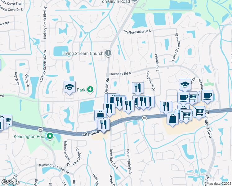 map of restaurants, bars, coffee shops, grocery stores, and more near 78 Crystal Branch Court in Jacksonville