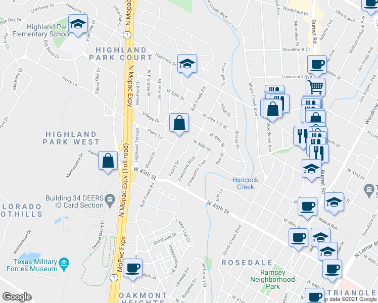 map of restaurants, bars, coffee shops, grocery stores, and more near 4701 Finley Drive in Austin