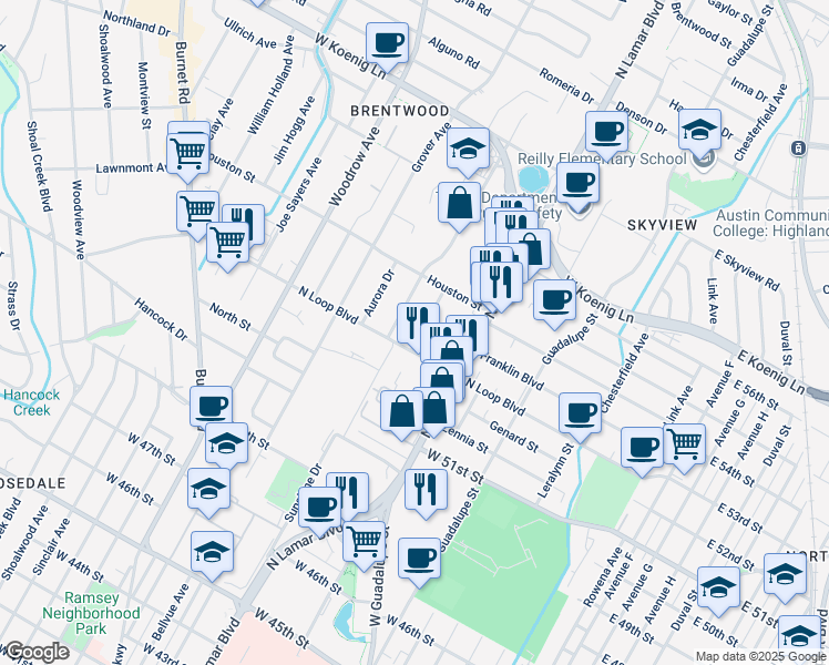 map of restaurants, bars, coffee shops, grocery stores, and more near 5306 McCandless Street in Austin