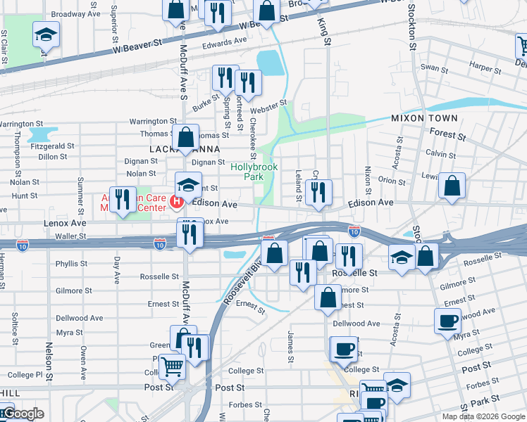 map of restaurants, bars, coffee shops, grocery stores, and more near 2842 Edison Avenue in Jacksonville