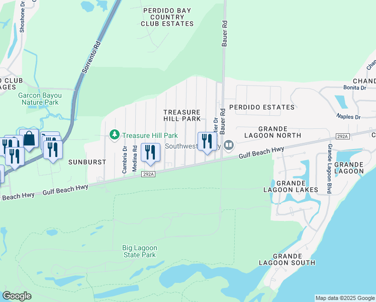map of restaurants, bars, coffee shops, grocery stores, and more near 5420 Arrowhead Road in Pensacola