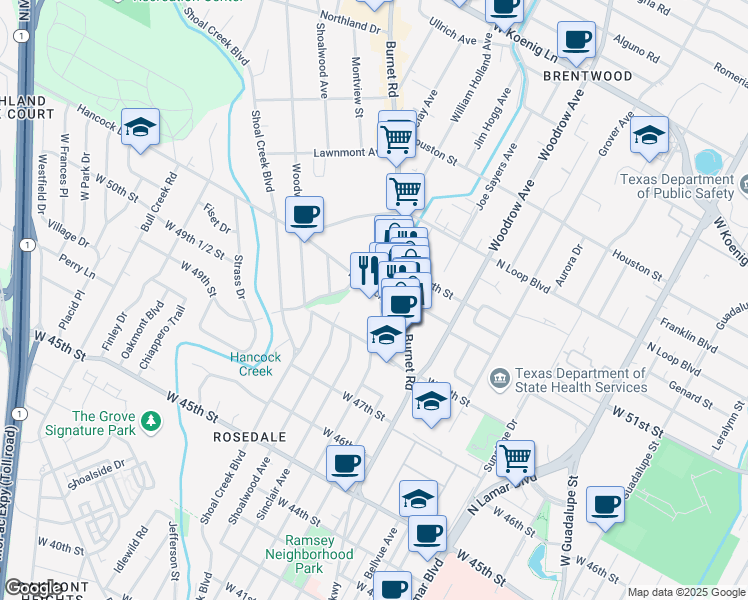 map of restaurants, bars, coffee shops, grocery stores, and more near 2203 Hancock Drive in Austin