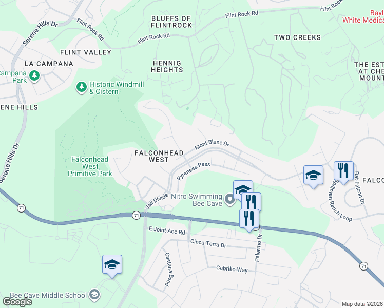 map of restaurants, bars, coffee shops, grocery stores, and more near 4725 Mont Blanc Drive in Bee Cave